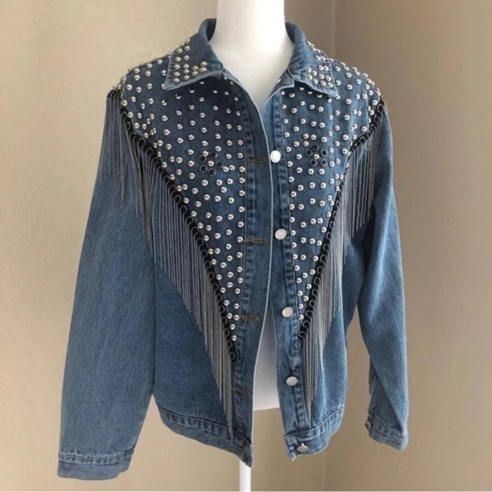 Blue Studded Fringe Statement Denim Jacket Size XL